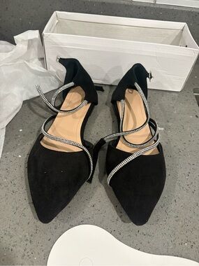 Black Pointed Rhinestone Strap Women's Flats
